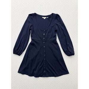 Boden Navy Blue Jersey Button Front Fit & Flare Mini Dress Long Sleeve 2P